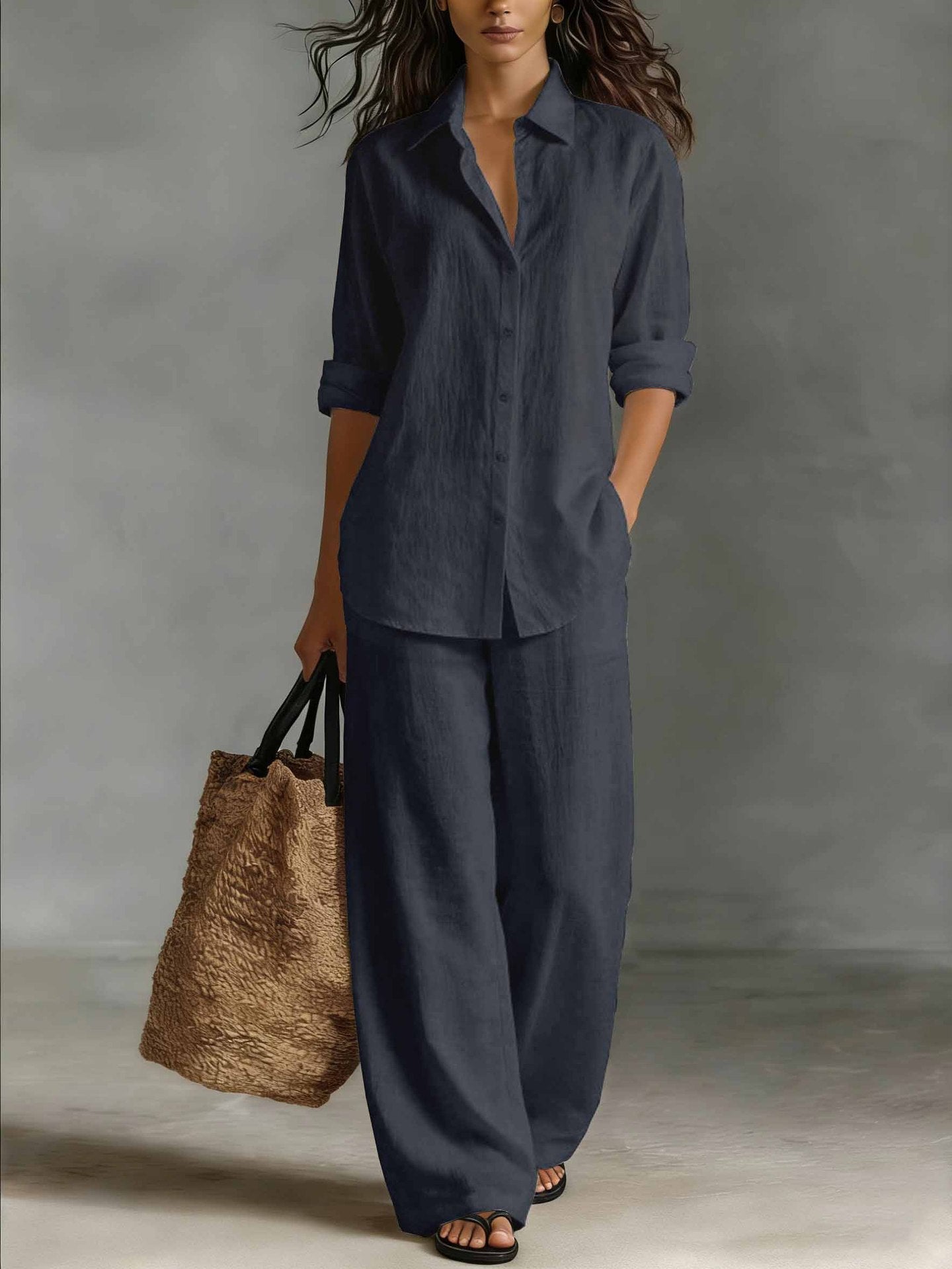 Casual katoen-linnen blouse en broekset voor dames