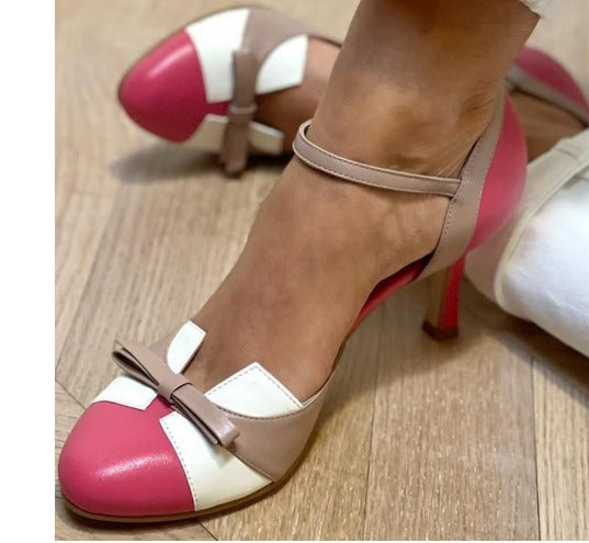 Women's High-Heeled Color-Block Sandals with Bow Strap