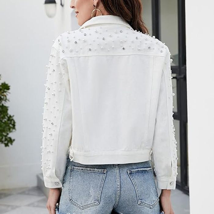 Women's Pearl Rhinestone Cropped Denim Jacket Long Sleeve Slim Fit