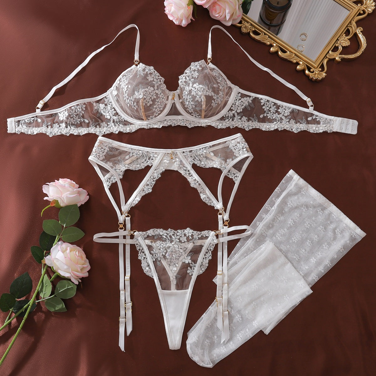 Floral Embroidery Underwire Push-Up Lingerie Set with Stockings