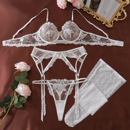 Floral Embroidery Underwire Push-Up Lingerie Set with Stockings