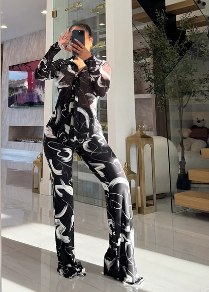 Womens Printed Mesh Cardigan Flared Pants Set