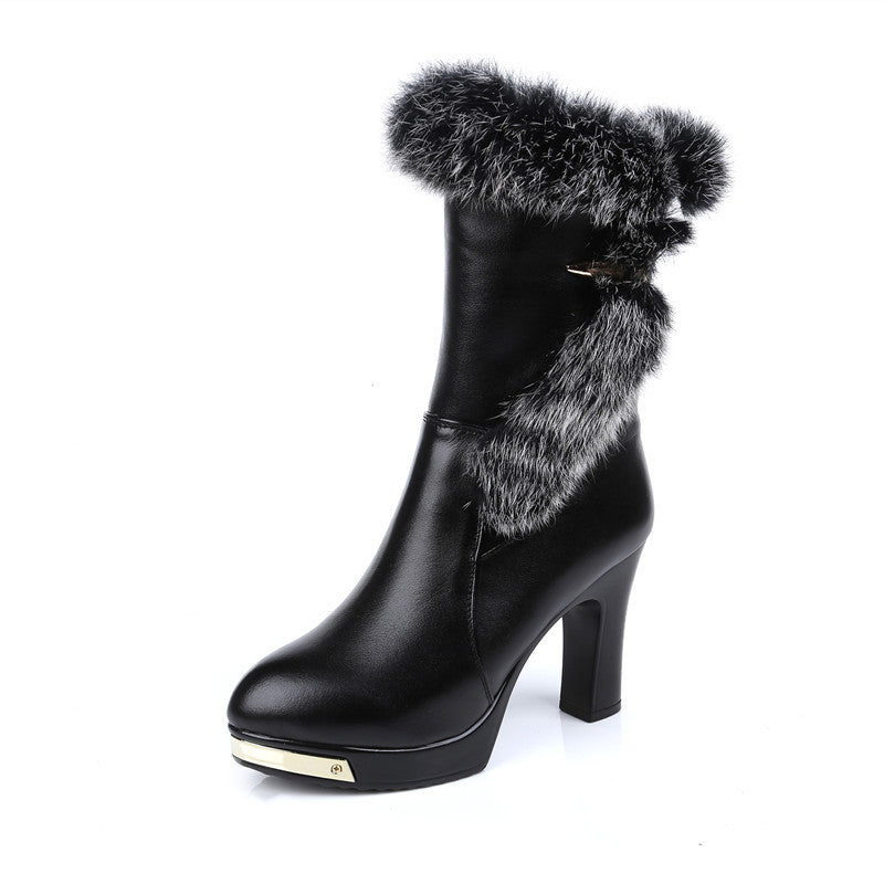 Genuine leather women's high-heeled cowhide boots