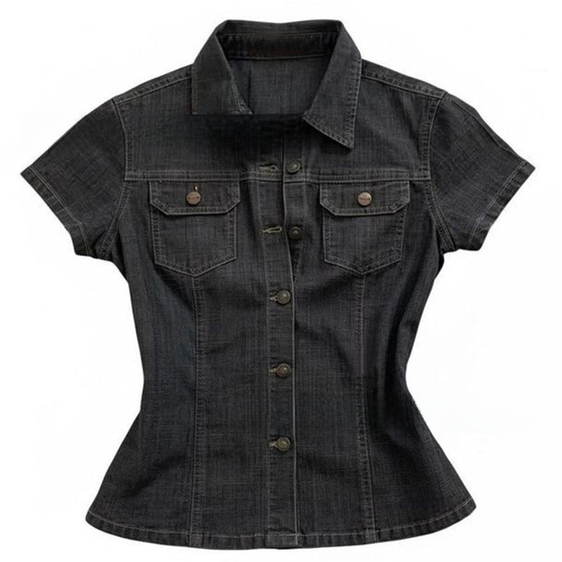 Womens Retro Denim Shirt Short Sleeve Lapel Pocket