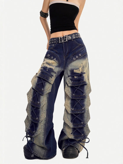 Heavy-Duty Washed Denim Wide-Leg Trousers