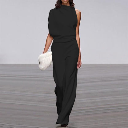 Womens Solid Color One Shoulder Ruched Collar Jumpsuit