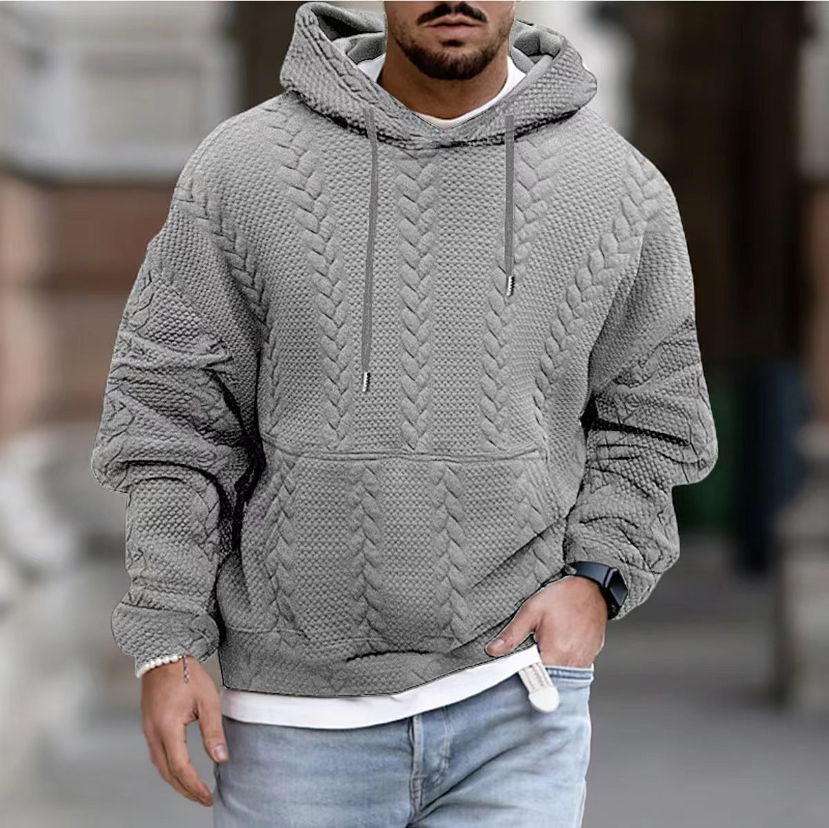 Heren casual getexureed kabelgebreide hoodie