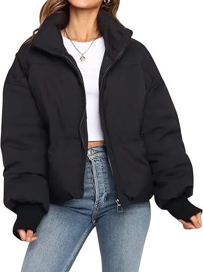 Womens Short Puffer Cotton Jacket Loose Fit Solid Color