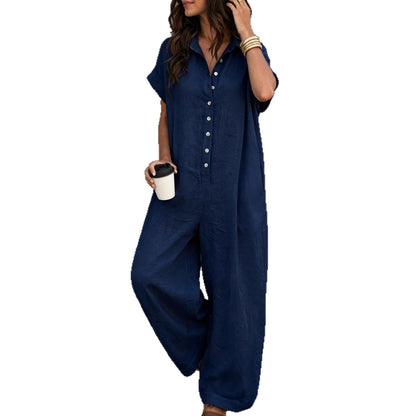 Short Sleeve Button Front Loose Fit Jumpsuit