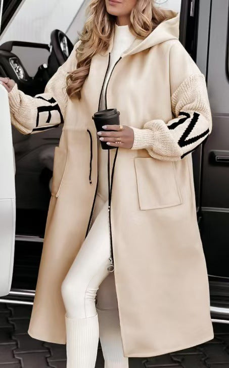 Women's Casual Hooded Long Patchwork Zip-Up Coat