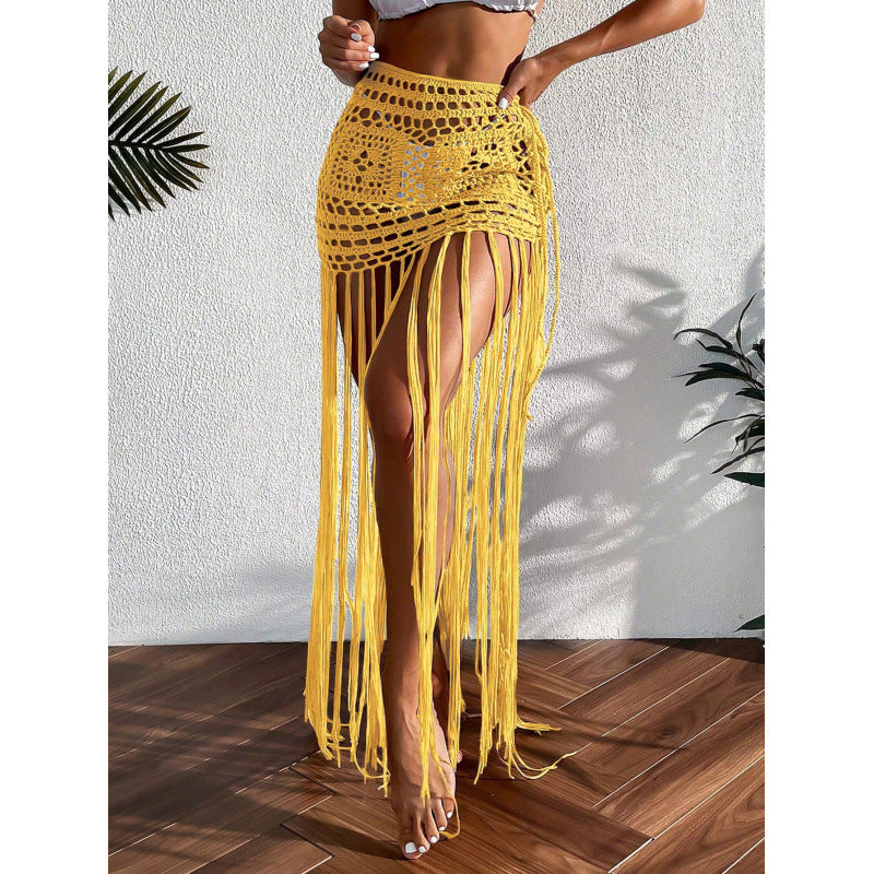 Hand-Crocheted Hollow-Out Beach Cover-Up Skirt with Tassels