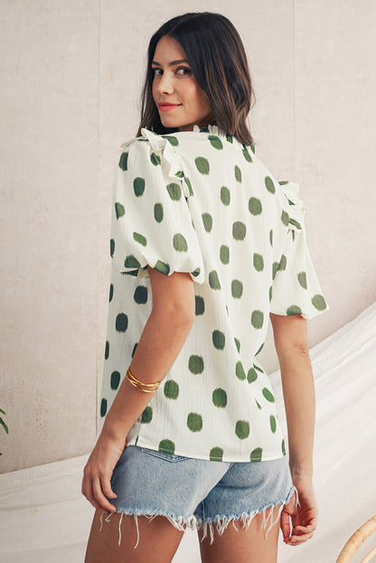Blouse met stippenprint gesmokte halslijn en korte ballonmouwen