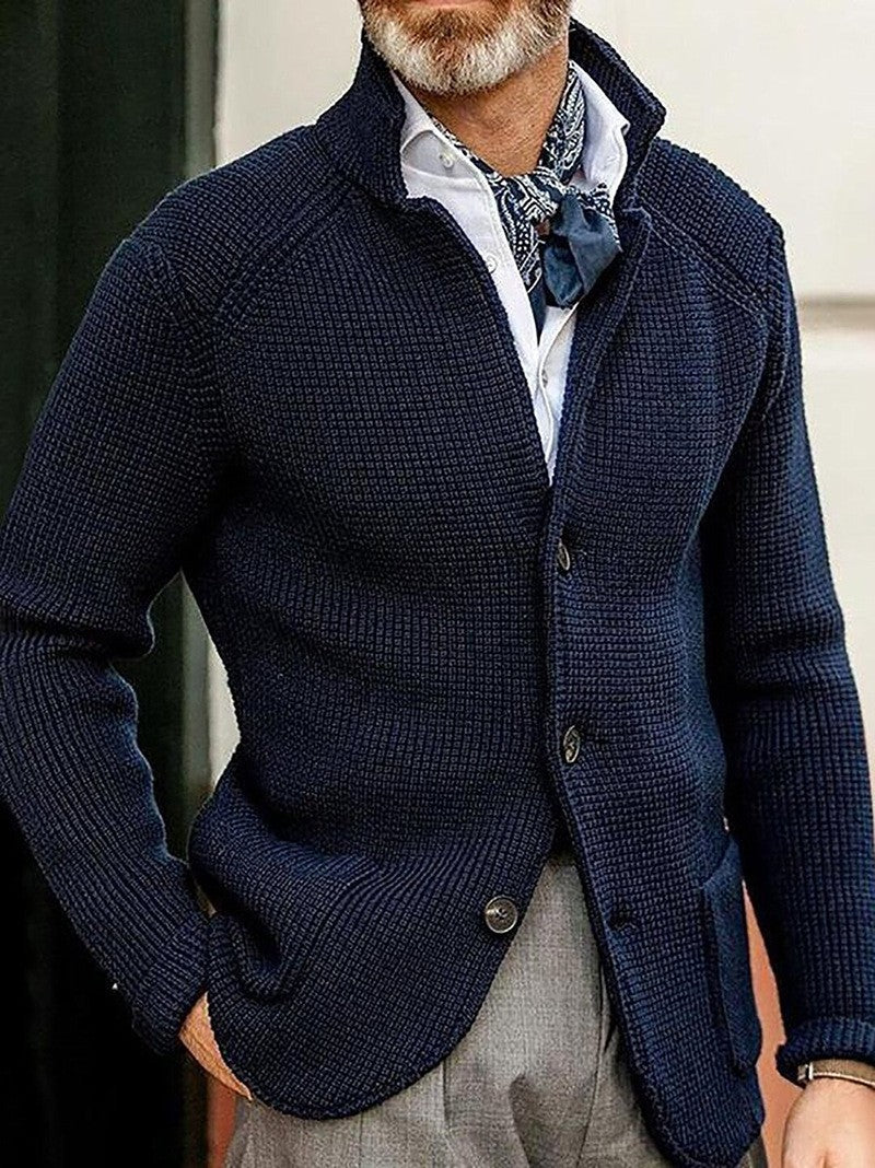 Mens Thick Knit Cardigan Sweater with Buttoned Lapel