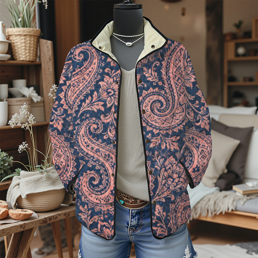 Women's Pleated Floral Digital Print Cotton Jacket Long Sleeve Stand Collar Outerwear