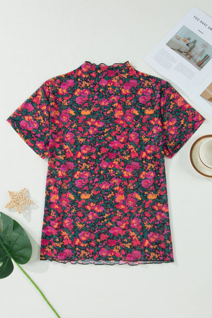 Roze Plus Size Bloemen Mesh Top met Korte Mouwen en Hoge Hals