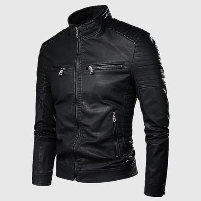 Mens Slim Fit Stand Collar PU Leather Jacket Casual Coat