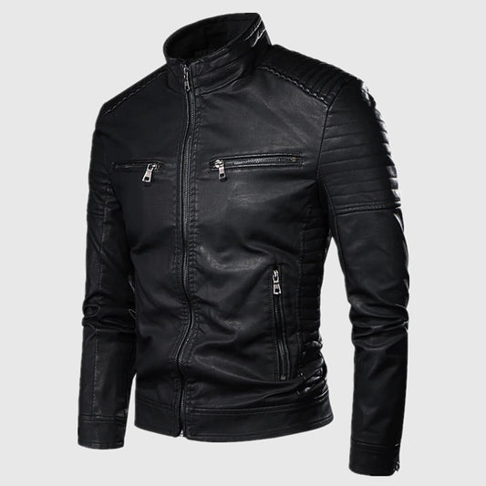 Mens Slim Fit Stand Collar PU Leather Jacket Casual Coat