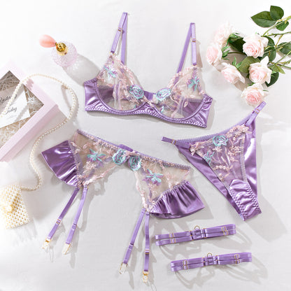 Embroidered Satin Lingerie Four-Piece Set