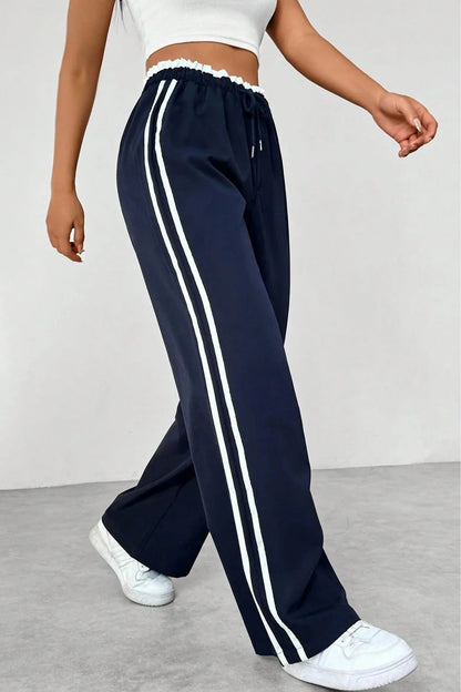 Womens Side-Striped Wide-Leg Sports Pants