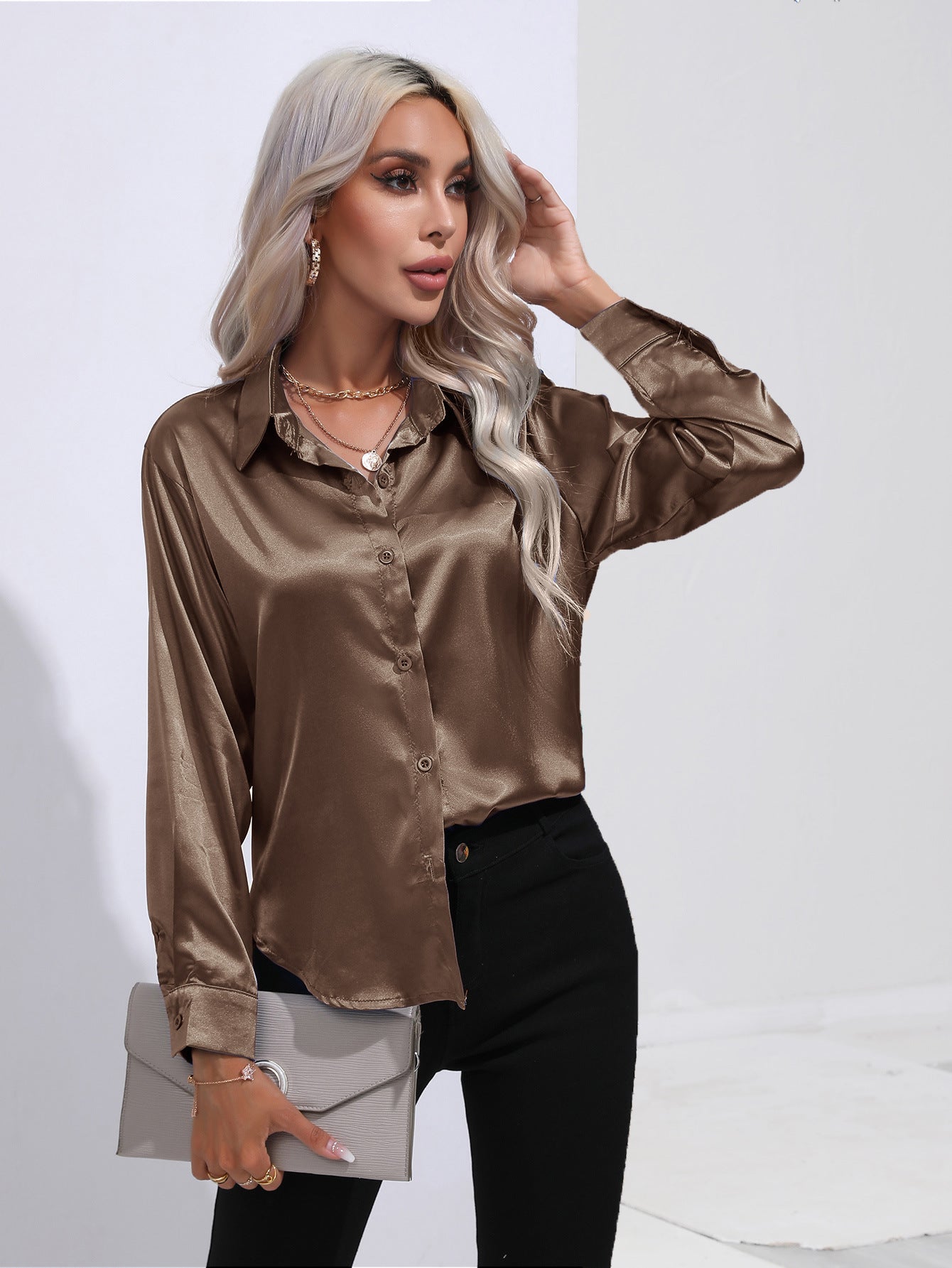 Womens Long Sleeve Satin Shirt