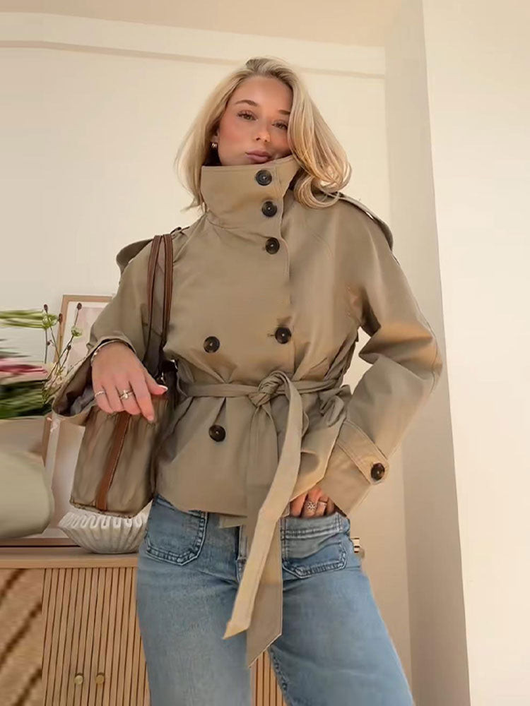 Retro V-neck double-buttoned belted short coat with zipper closure