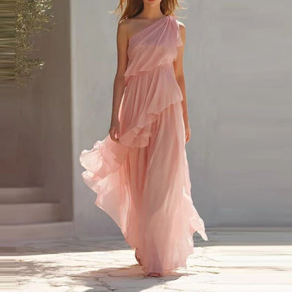 Elegant Slanted Neck Pleated Beach DressesAsymmetric Chiffon