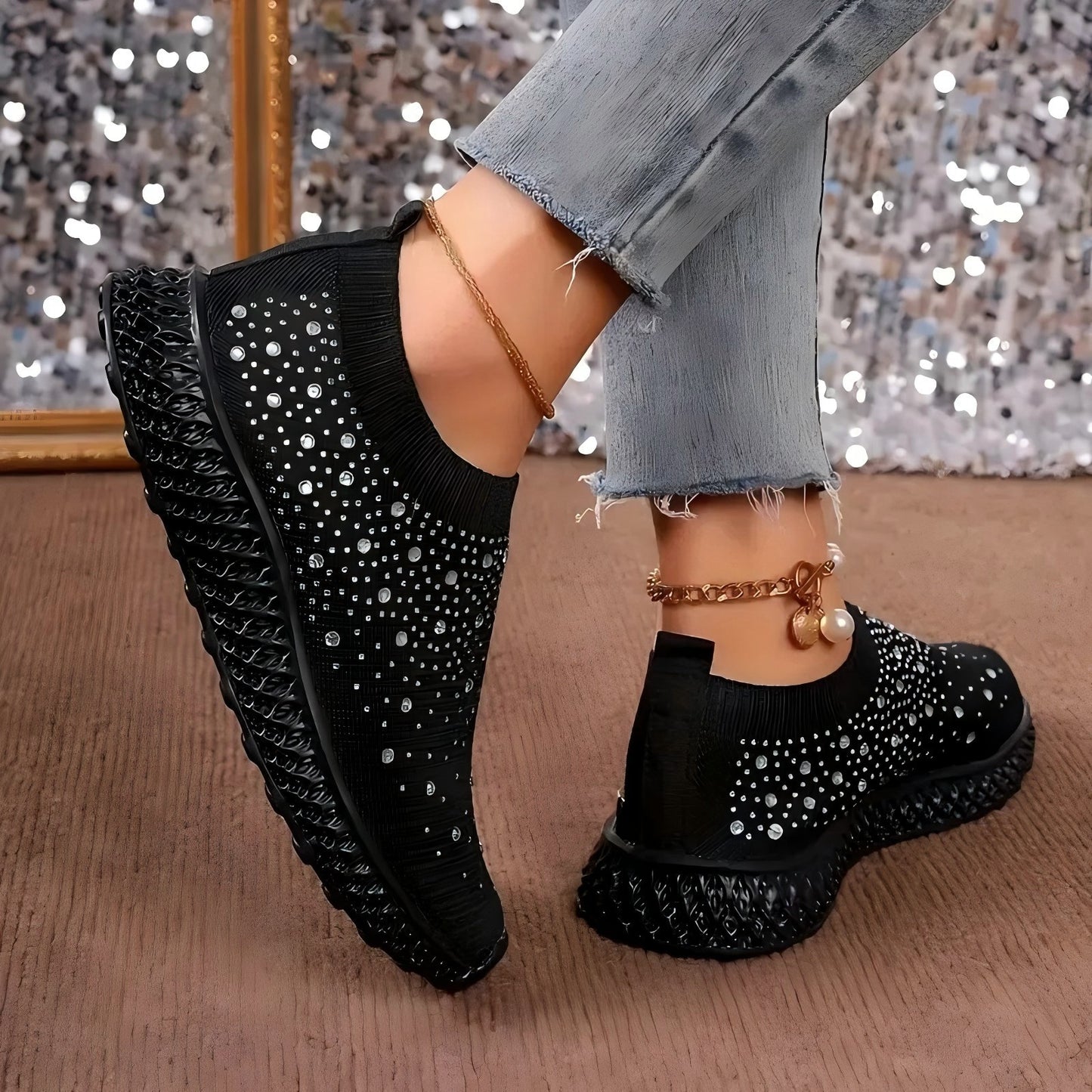 Mesh Rhinestone Flat Casual Shoes