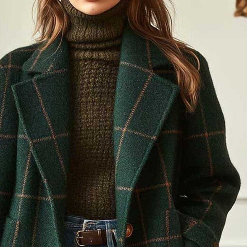 Retro Plaid Mid-Length Lapel Coat for Women
