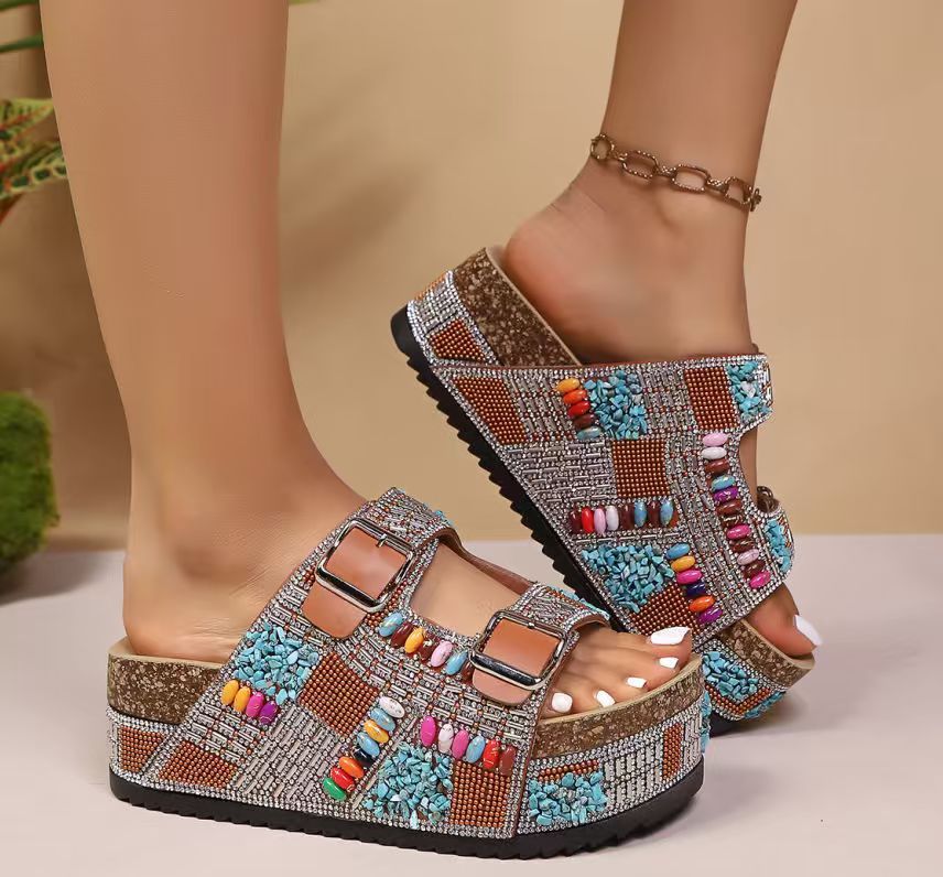 Cork Double-Buckle Rhinestone Sandals