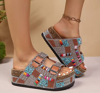 Cork Double-Buckle Rhinestone Sandals
