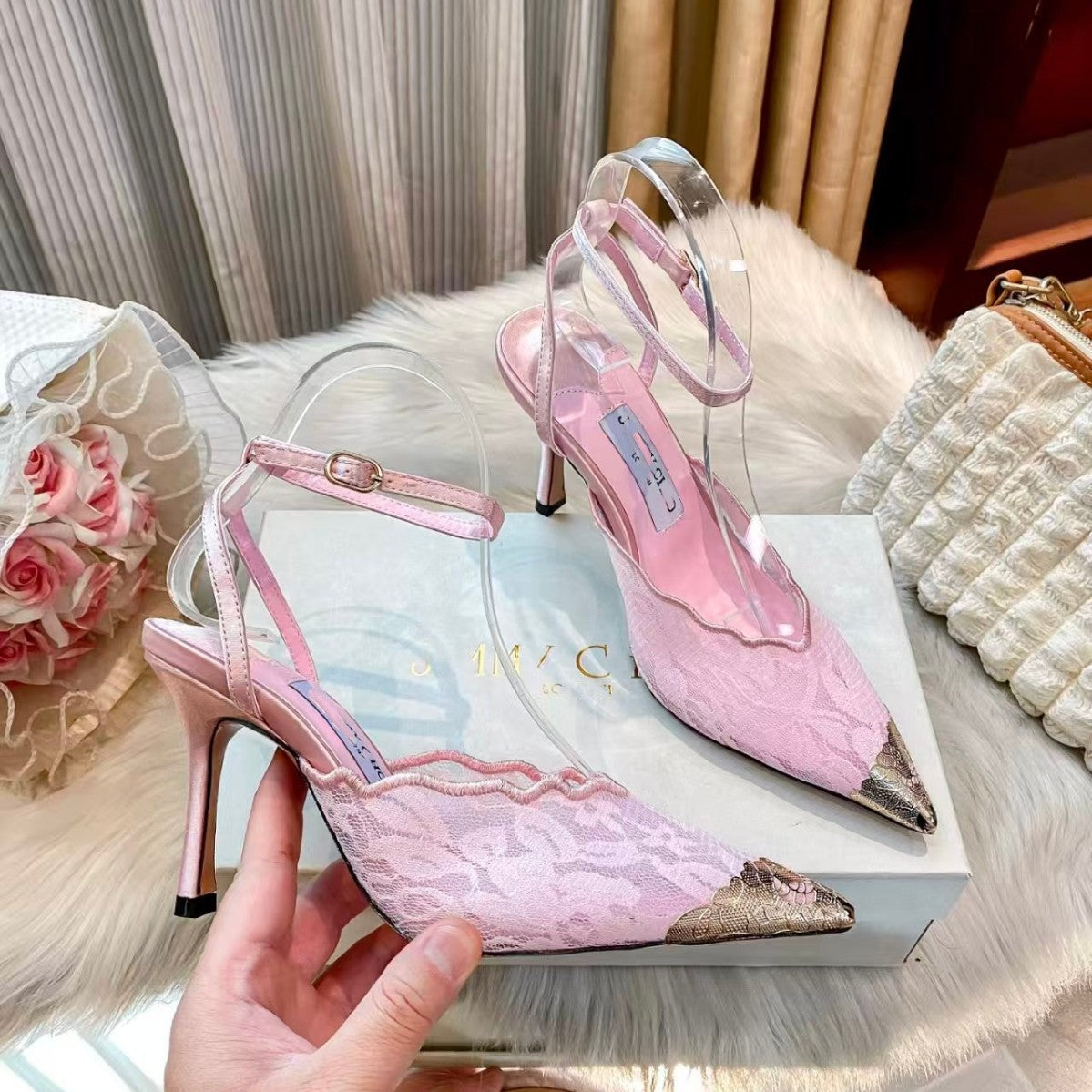 Lace Peep-Toe High Heel Sandals