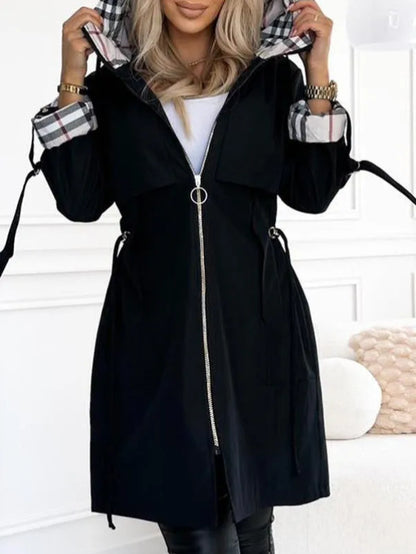 Women's Hooded Plaid Printed Windbreaker Coat