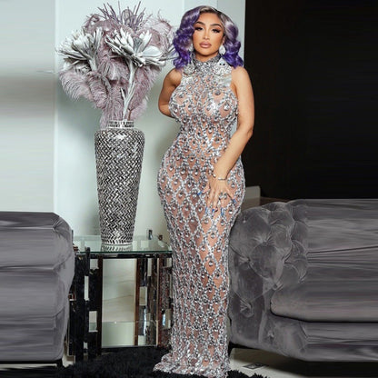 Rhinestone Silver Dress Plus Size
