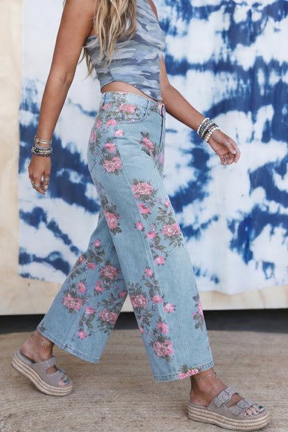Sky Blue Garden bloemenprint bootcut jeans met hoge taille