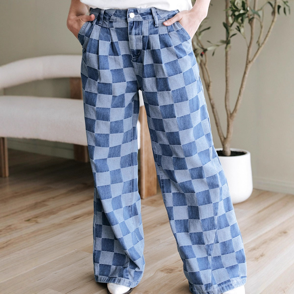 Checkerboard Print High Waist Wide Leg Denim Pants