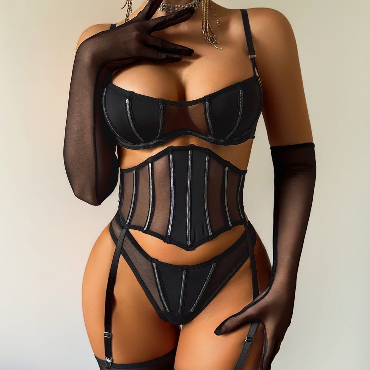 Black Ultra-Thin Sheer Mesh Patchwork Shapewear Five-Piece Set with Gloves