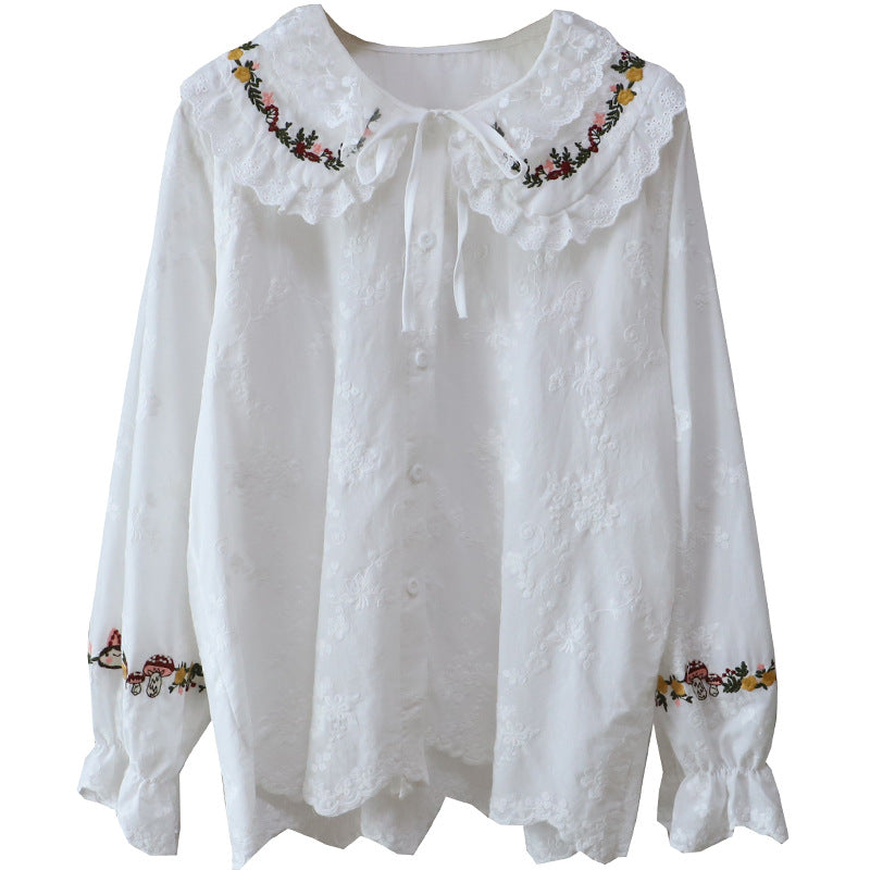 Embroidered Doll Collar Long Sleeve Blouse