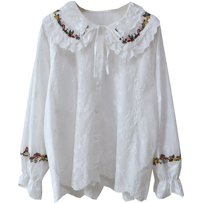 Embroidered Doll Collar Long Sleeve Blouse