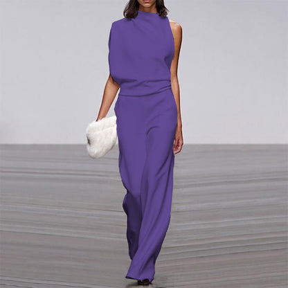 Womens Solid Color One Shoulder Ruched Collar Jumpsuit