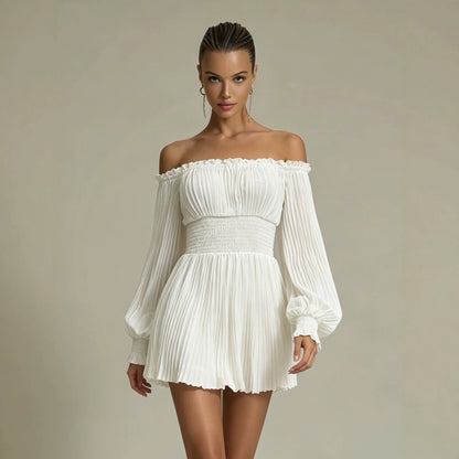 One-shoulder long-sleeve ruched waist casual French-style dress