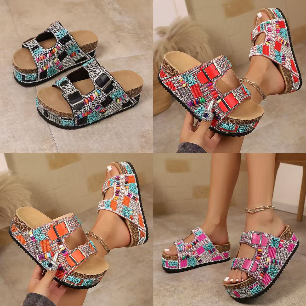Cork Double-Buckle Rhinestone Sandals