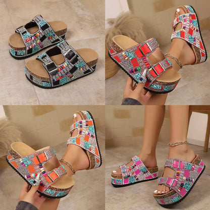 Cork Double-Buckle Rhinestone Sandals