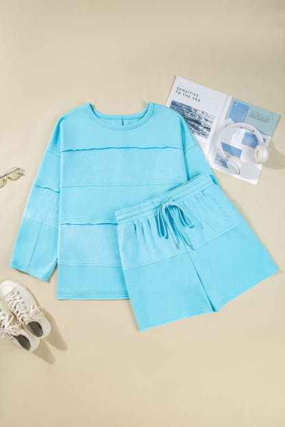 Aruba blauwe effen pullover top  en shorts met onafgewerkte zoom plus size