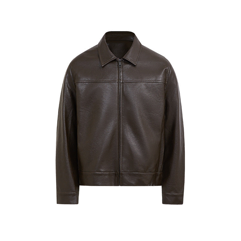 Mens PU Leather Casual Coat Turn-down Collar Outerwear