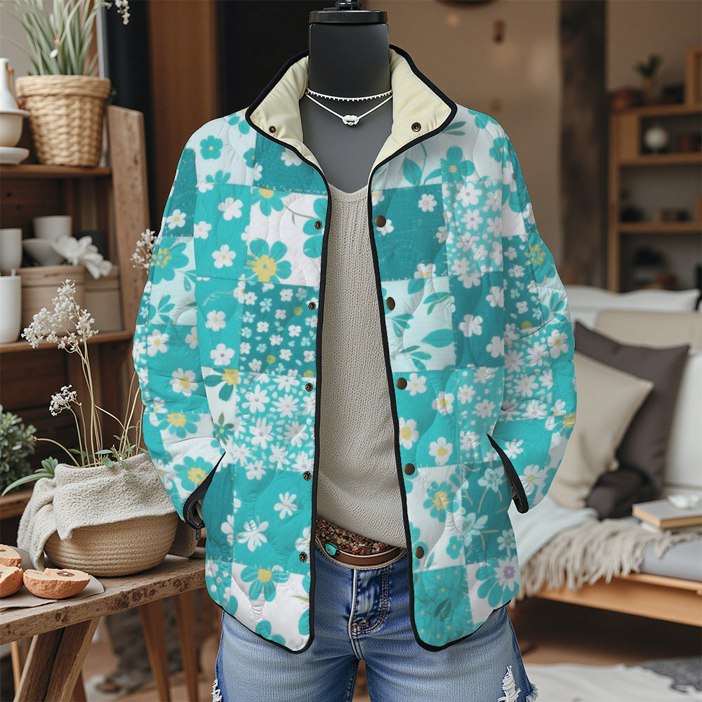 Women's Pleated Floral Digital Print Cotton Jacket Long Sleeve Stand Collar Outerwear