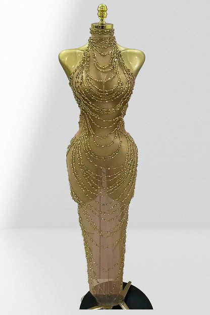 Luxury Gold Rhinestone Mesh Party Dress