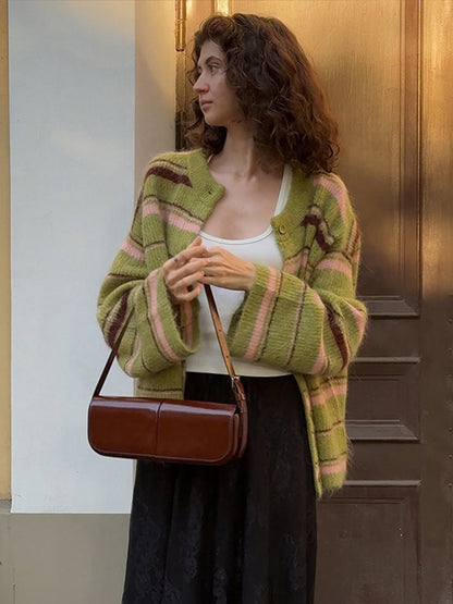 Women's Striped Color-Block Knit Cardigan Top