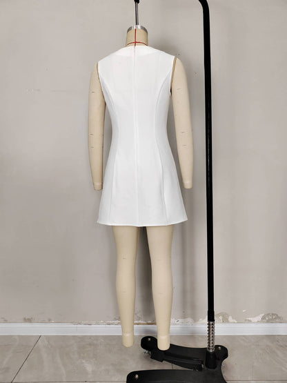 Women Sleeveless Crewneck Solid Color Short Dress