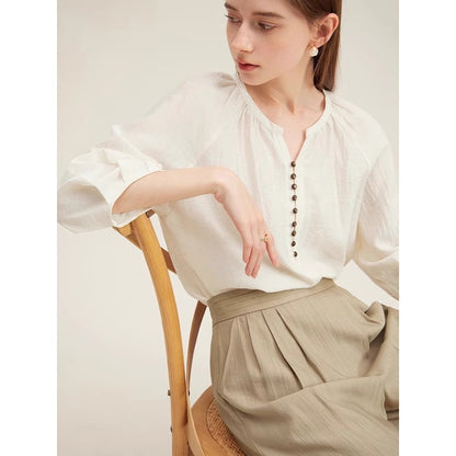 French Linen Shirt Women Three Quarter Sleeve Casual Top