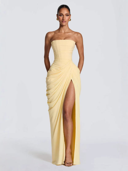 Off-shoulder ruffled slit dress